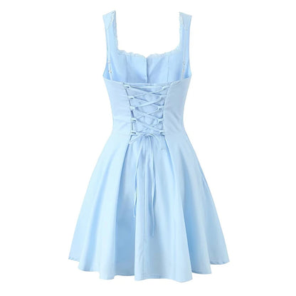 YENKYE New 2025 Women Blue Elegant Party Mini Dresses Sexy Sleeveless Low Waist A-line Summer Dress Lace Up Back Robe