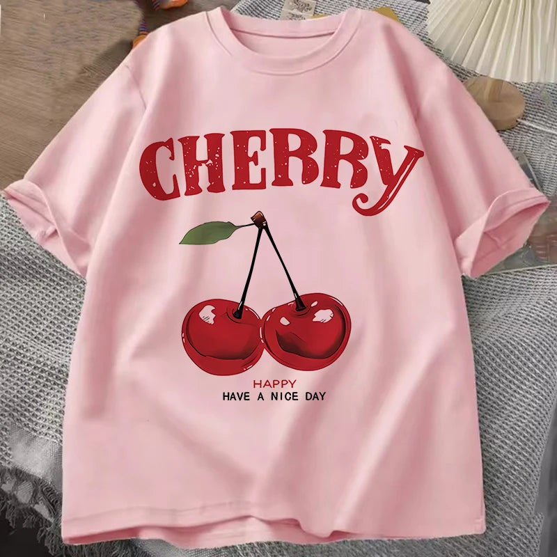 Summer Women Fashion Cherry T-Shirt Cherry Print O-Neck Tops Tees Floral Graphic Short Sleeve Clothing Female Casual Streetwear