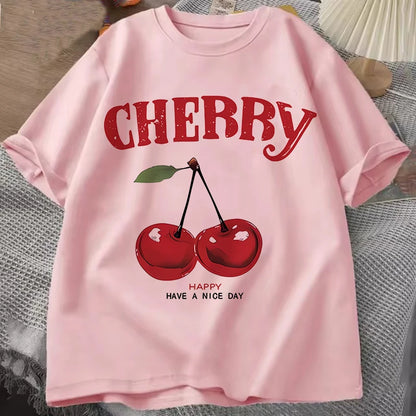 Summer Women Fashion Cherry T-Shirt Cherry Print O-Neck Tops Tees Floral Graphic Short Sleeve Clothing Female Casual Streetwear