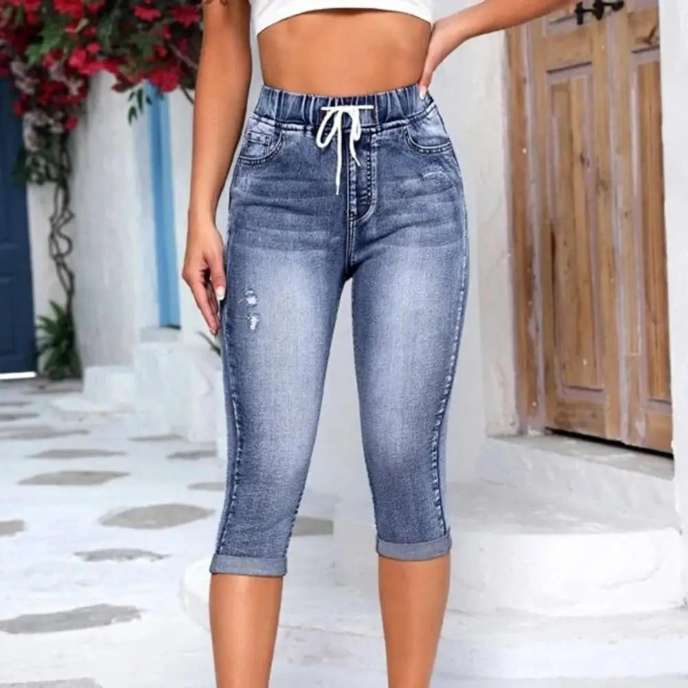2024 High Waist Jeans Women Leggings Vintage Elastic High Waist Drawstring Pockets Denim Pants Calf Length Jeans Slim Fit Capris