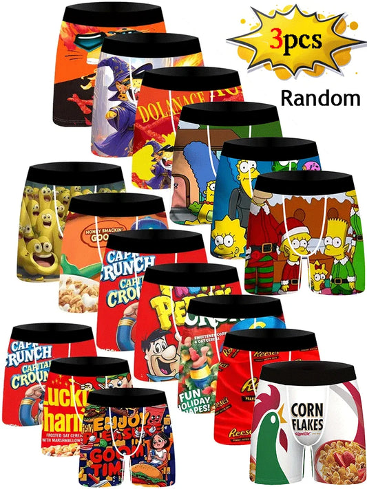 Random 3Pcs Men's Printed Snack Noodles Underwear Beach Shorts Comfortable Breathable Men Plus Size Underwear Up To 3XL.