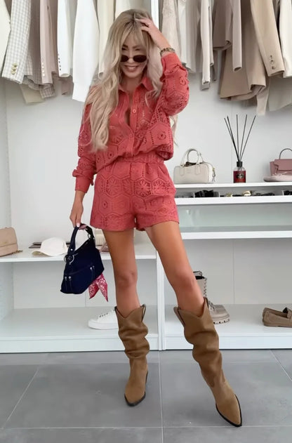 Summer White Lace Shirt Shorts Sets Women Spring Summer Long Sleeve Button Top Shorts 2 Piece Set Elegant Party Outfits Femme