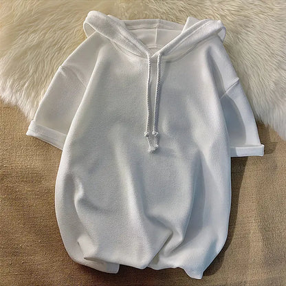 New Hooded Short-sleeved Sweatshirt for Men Summer Fashion T-shirt Mid-sleeved Trendy Teen Pullover
