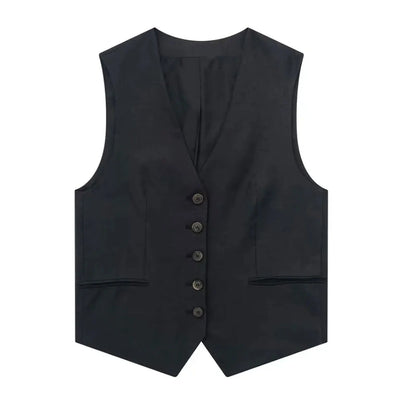 TRAFZA Women Elegant Solid Waistcoat Pant Sets Single Breasted V Neck Vest Top + High Waist Slim Shorts Lady Office Wear Suits