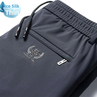 Summer Thin Men's Pants Non-stickable High Elasticity Straight-leg Pants Ice Silk Middle-aged Sweatpants