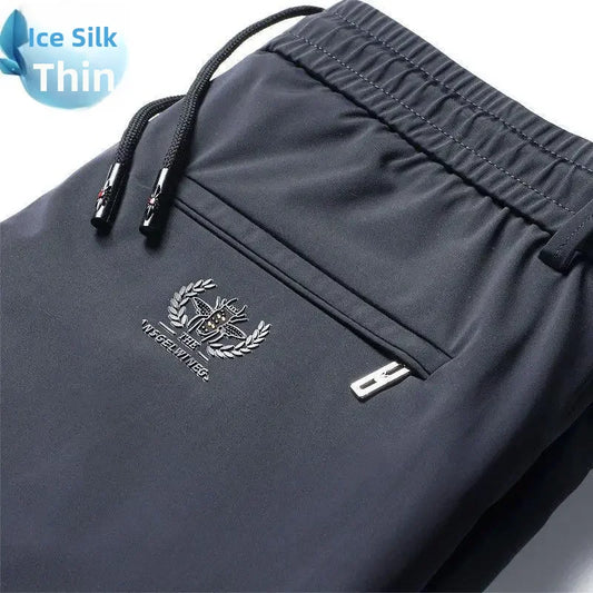Summer Thin Men's Pants Non-stickable High Elasticity Straight-leg Pants Ice Silk Middle-aged Sweatpants
