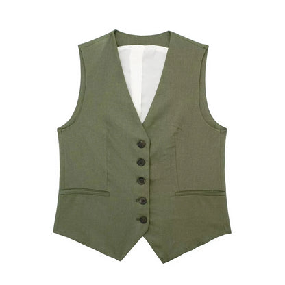 TRAFZA Women Elegant Solid Waistcoat Pant Sets Single Breasted V Neck Vest Top + High Waist Slim Shorts Lady Office Wear Suits