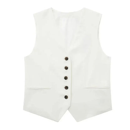 TRAFZA Women Elegant Solid Waistcoat Pant Sets Single Breasted V Neck Vest Top + High Waist Slim Shorts Lady Office Wear Suits