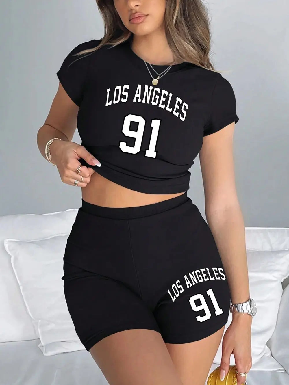 Women Slim Crop T-Shirts & Shorts Two Pieces Set Brooklyn New York City Art Letter Prints Tops Fashion Modal Cotton Soft Clothes