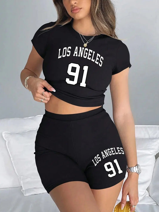 Women Slim Crop T-Shirts & Shorts Two Pieces Set Brooklyn New York City Art Letter Prints Tops Fashion Modal Cotton Soft Clothes