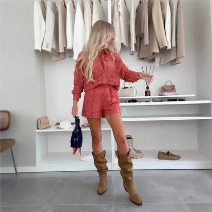 Summer White Lace Shirt Shorts Sets Women Spring Summer Long Sleeve Button Top Shorts 2 Piece Set Elegant Party Outfits Femme