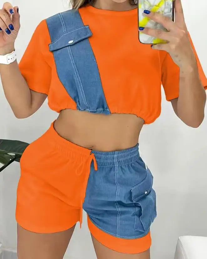 Two Piece Sets Womens Outifits 2023 Summer Fashion Denim Patch Round Neck Short Sleeve Top & Casual Drawstring Pocket Shorts Set
