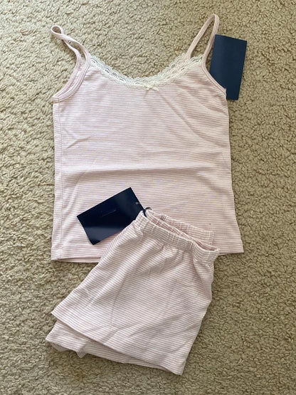 Strawberry Vest Shorts 2 Pieces Set Woman Eyelet Bow Slim Tank Top with Elastic Waist Patchwork Straight Short Pant Sweet Sets