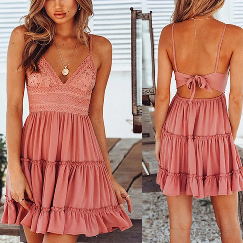 Sexy Lace Dresses Women Spaghetti Strap White Dress Summer Beach Mini Party Dress A-line V-neck Bohe Open Back Pleated Dress
