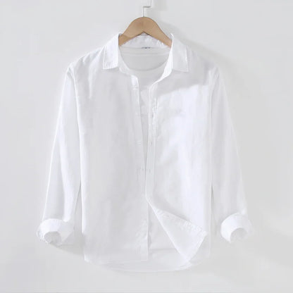 Camping Spring Summer New Linen White Long-Sleeved Shirt, Men's Cotton&Linen Shirt, Business Casual, Comfortable Loose Blouson