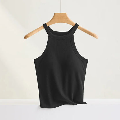 Threaded Halter Neck Camisole Top With Build-in Bra High Elastic Slim-fitting Sling Fixed Cup Breathable Women Underwear