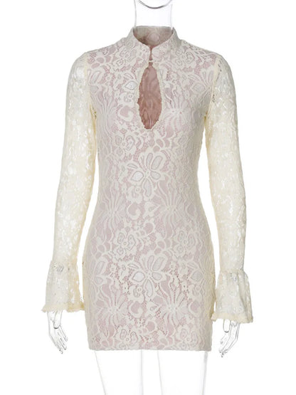 Mozision Lace Hollow Out Long Sleeve Sexy Mini Dress For Women Fashion Half High Collar Bodycon Club Party Dress Elegant Dresses