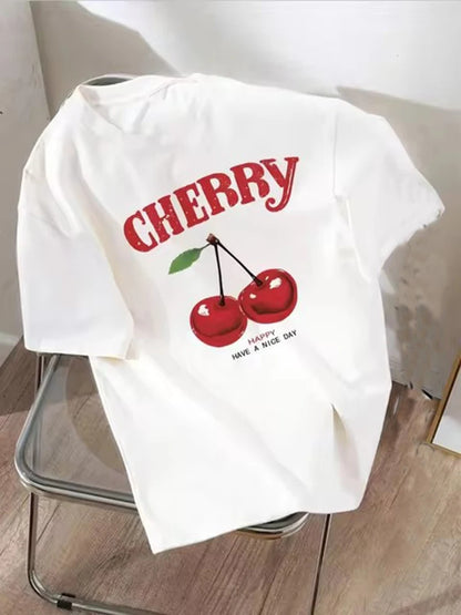 Summer Women Fashion Cherry T-Shirt Cherry Print O-Neck Tops Tees Floral Graphic Short Sleeve Clothing Female Casual Streetwear