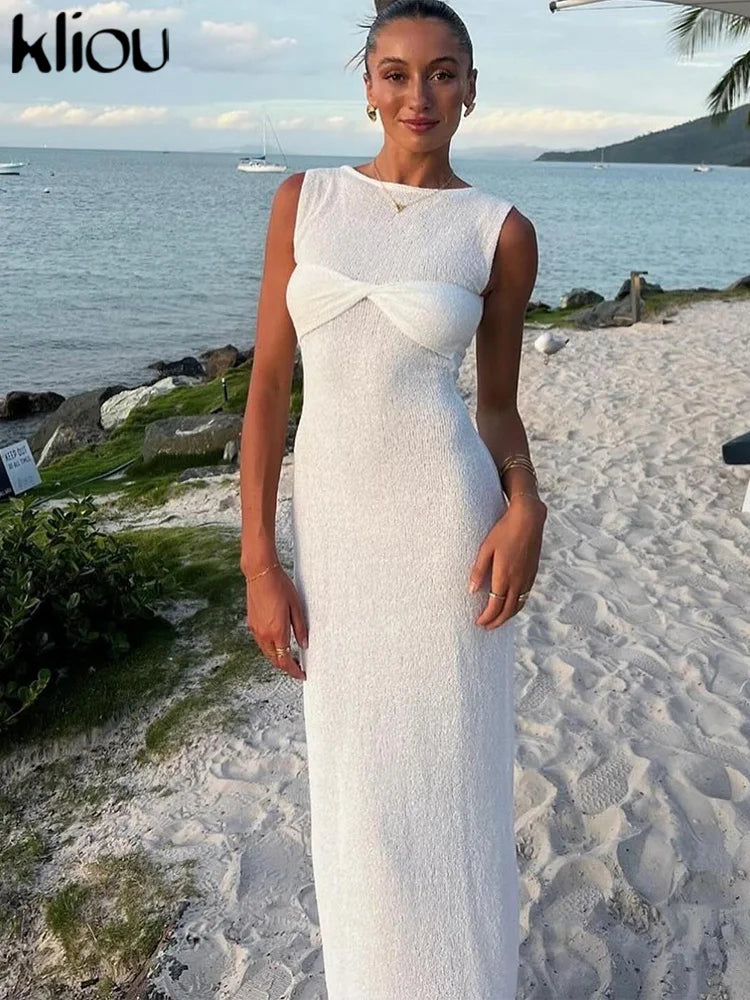 kliou summer release Junior Casual Knitting Midi Dress W24D48907 Women Pink Sweet Tanks Slim Softy Vestidos Solid Elegant Robe