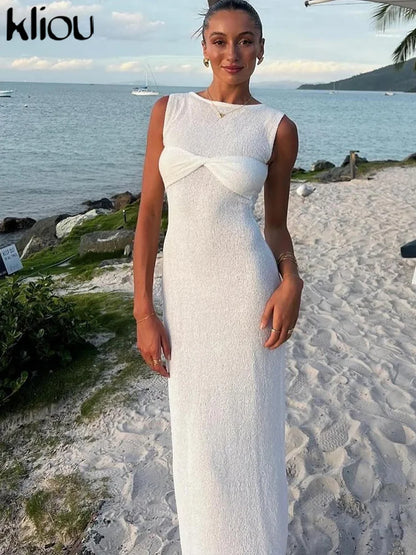 kliou summer release Junior Casual Knitting Midi Dress W24D48907 Women Pink Sweet Tanks Slim Softy Vestidos Solid Elegant Robe