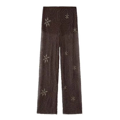 MUJER Sequin Baggy Pants Woman Beads Wide Leg Pants for Women See Through Casual Pants Women Streetwear Fashion Trousers Womens