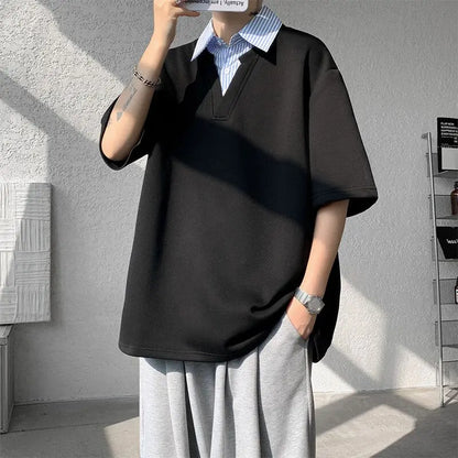 New Fake Two-piece Shirt Collar Short-sleeved T-shirt Men's Summer American Loose Versatile Pullover