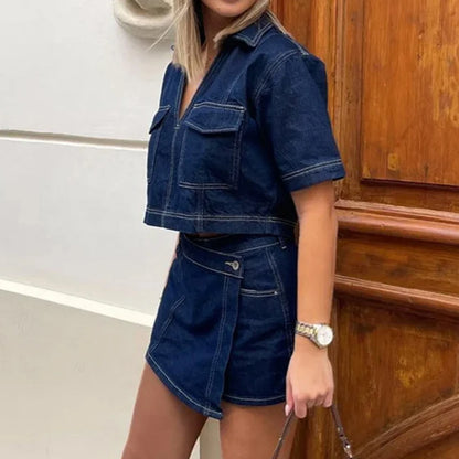 Women’s 2 Piece Denim Outfits Set Short Sleeve Lapel Neck Cropped Jean Pullover Tops + Button High Waist Asymmetrical Shorts