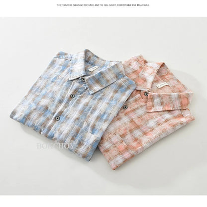2025 Summer New 100% Cotton Casual Plaid Short Sleeve Shirt for Men Loose Turn-down Collar Shirt CM8265