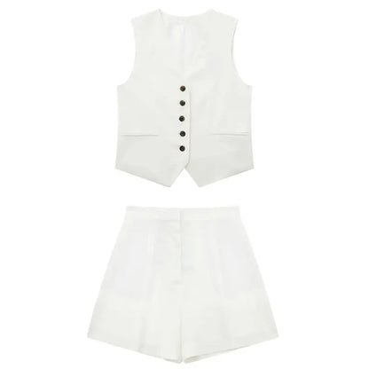 TRAFZA Women Elegant Solid Waistcoat Pant Sets Single Breasted V Neck Vest Top + High Waist Slim Shorts Lady Office Wear Suits
