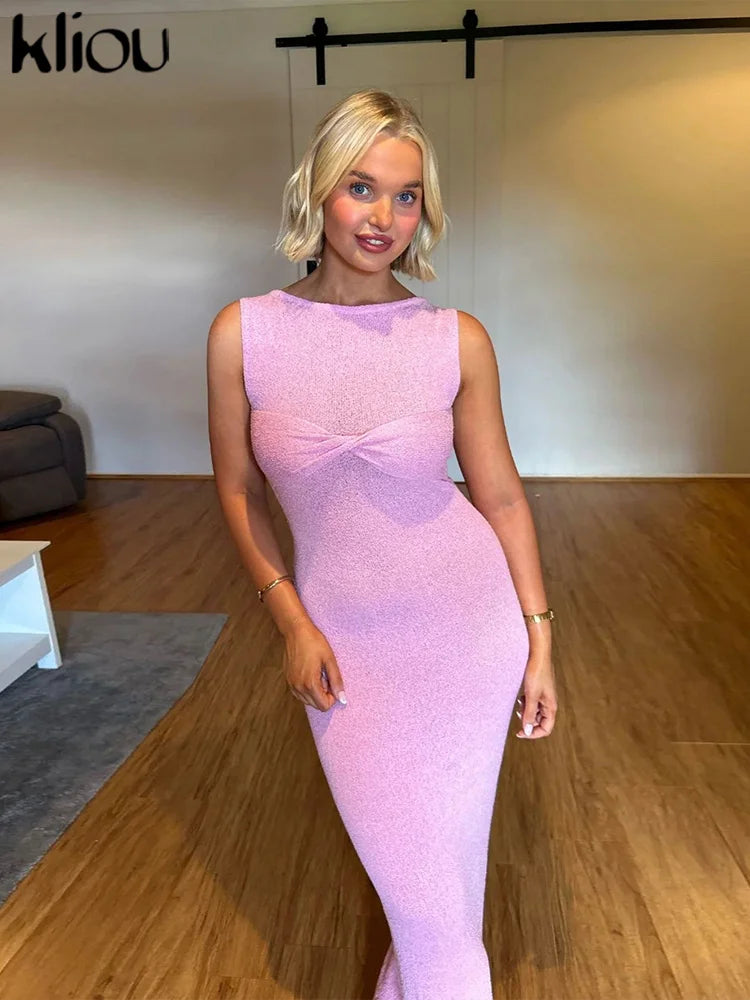 kliou summer release Junior Casual Knitting Midi Dress W24D48907 Women Pink Sweet Tanks Slim Softy Vestidos Solid Elegant Robe