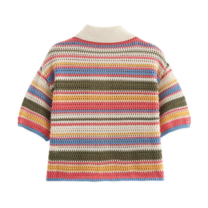 2025 Autumn European And American New Women's Fashion Casual Stripe Printed Short Sleeve Flip Collar Cardigan Casual Shorts Set