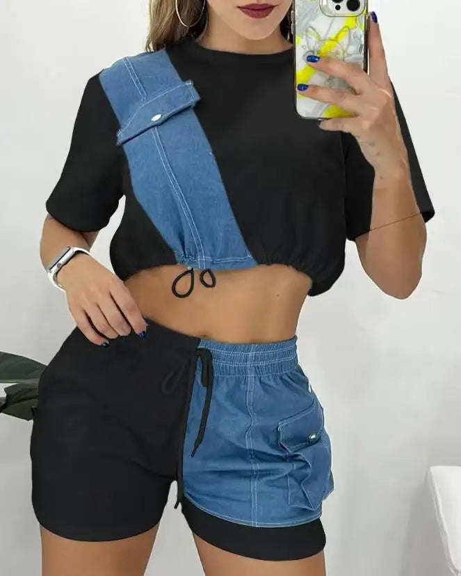 Two Piece Sets Womens Outifits 2023 Summer Fashion Denim Patch Round Neck Short Sleeve Top & Casual Drawstring Pocket Shorts Set