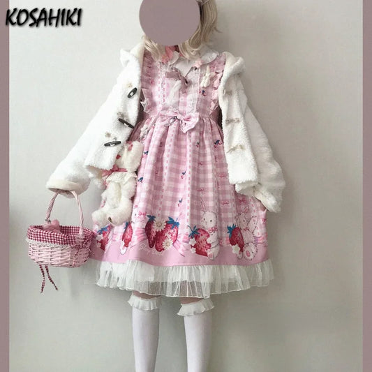 KOSAHIKI Japanese Lolita Dress Girls Strawberry Bunny Jsk Dresses Women Harajuku Sleeveless Cute  2025 Cosplay Vestido