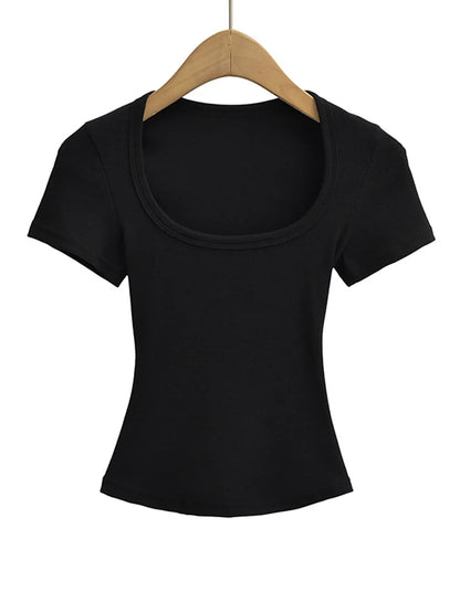 Summer square neck high elasticity crop top women's short sleeved sexy top slim fit pullover base shirt