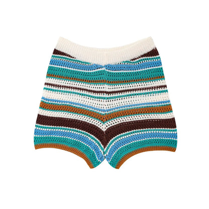 2025 Autumn European And American New Women's Fashion Casual Stripe Printed Short Sleeve Flip Collar Cardigan Casual Shorts Set