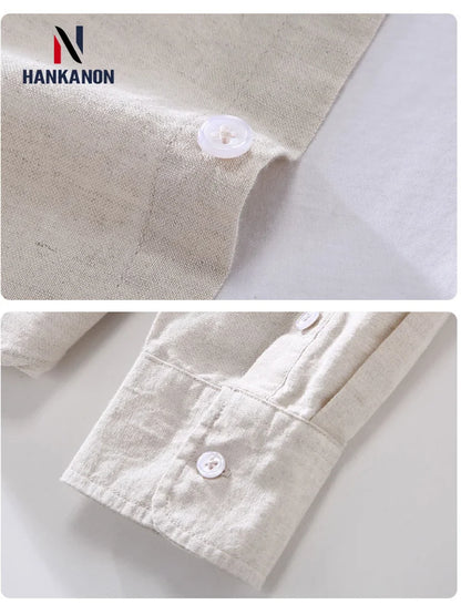 Camping Spring Summer New Linen White Long-Sleeved Shirt, Men's Cotton&Linen Shirt, Business Casual, Comfortable Loose Blouson
