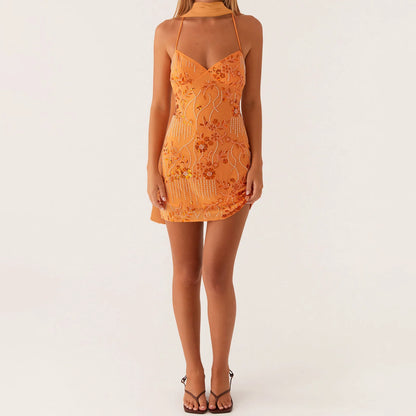 hirigin Sequin Beaded Cami Mini Dress Sexy Front V Neckline Sleeveless Short Dresses for Women Backless Criss Cross Straps Dress