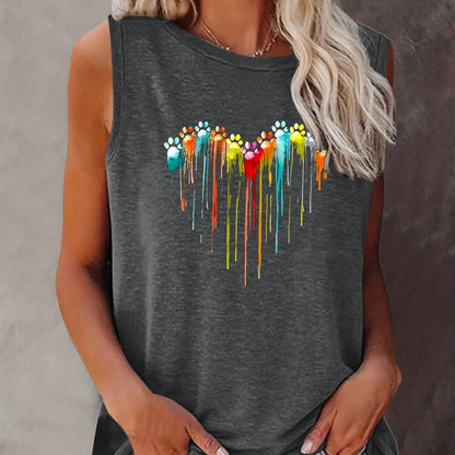 Women's Summer Colorful Paw Print Loose Size Breathable and Comfortable Sleeveless Tank Top T-shirt  Summer Casual Loose