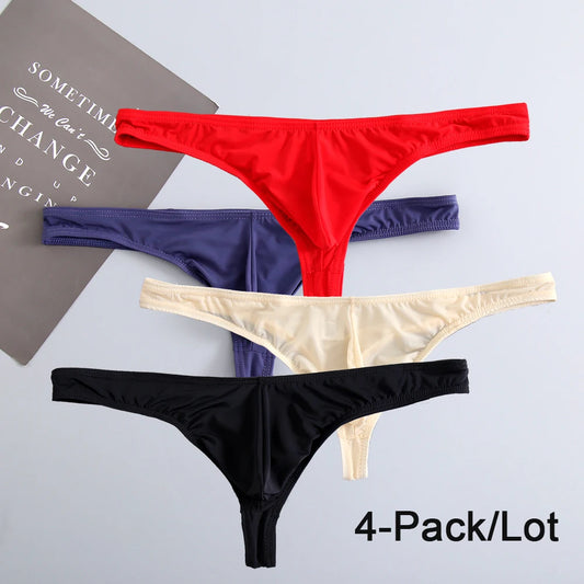 4Pcs Mens thongs underwear and G-strings sexy briefs boxers 4 Pack silk hombre bulge U convex pouch lingeric sexi
