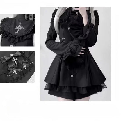 Japanese Gothic Lolita Dress Set Women Harajuku Y2k Bow Lace Ruffles Collar Mini Dresses Female Elegant Party Cute Dress