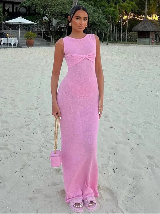 kliou summer release Junior Casual Knitting Midi Dress W24D48907 Women Pink Sweet Tanks Slim Softy Vestidos Solid Elegant Robe