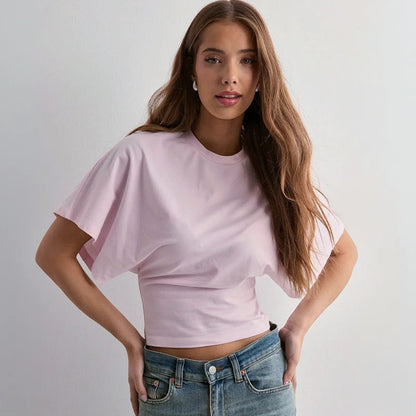 CUTENOVA Women'S Summer Loose Short-Sleeved T-Shirt Tops Waist Slimming Sweet And Hottie Design Sense Positive Shoulder Top