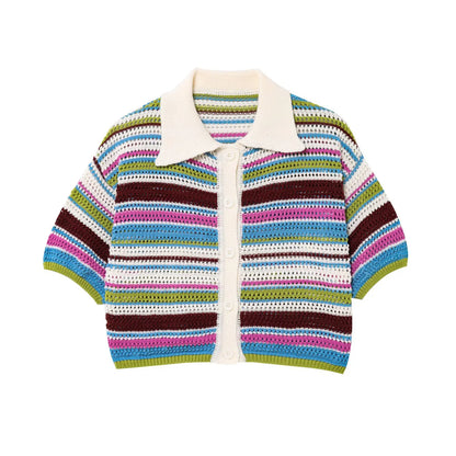 2025 Autumn European And American New Women's Fashion Casual Stripe Printed Short Sleeve Flip Collar Cardigan Casual Shorts Set