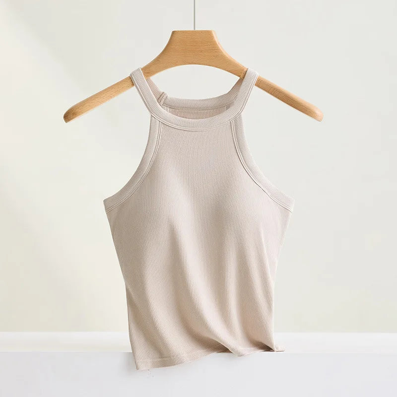 Threaded Halter Neck Camisole Top With Build-in Bra High Elastic Slim-fitting Sling Fixed Cup Breathable Women Underwear