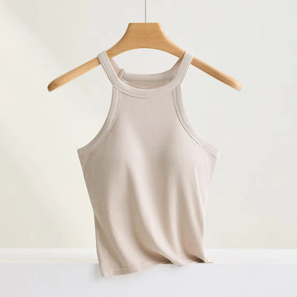 Threaded Halter Neck Camisole Top With Build-in Bra High Elastic Slim-fitting Sling Fixed Cup Breathable Women Underwear