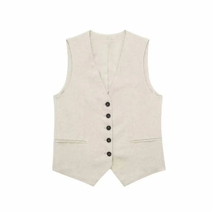 TRAFZA Women Elegant Solid Waistcoat Pant Sets Single Breasted V Neck Vest Top + High Waist Slim Shorts Lady Office Wear Suits