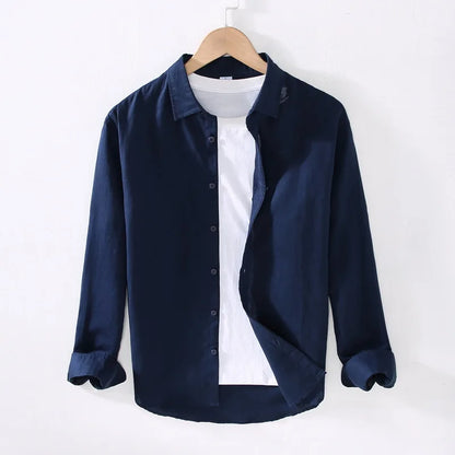 Camping Spring Summer New Linen White Long-Sleeved Shirt, Men's Cotton&Linen Shirt, Business Casual, Comfortable Loose Blouson