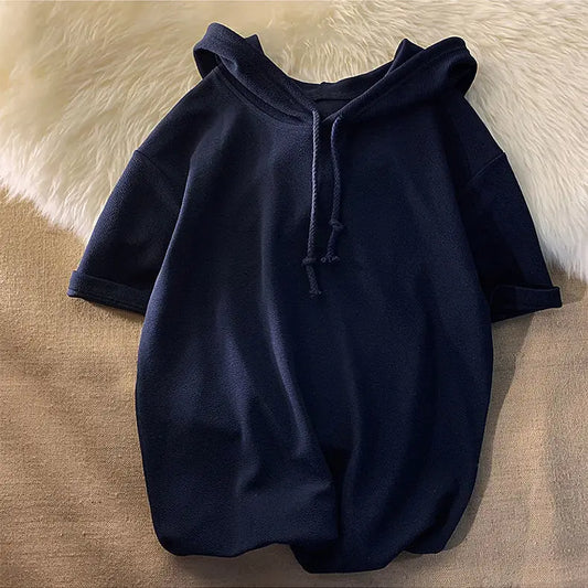 New Hooded Short-sleeved Sweatshirt for Men Summer Fashion T-shirt Mid-sleeved Trendy Teen Pullover