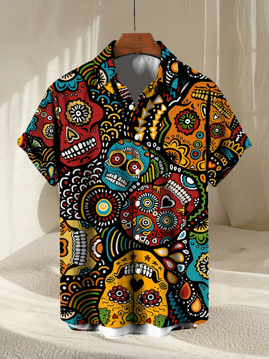Colorful Skull 3D Printed Shirt Street Hip Hop Fashion Personality Men's Casual Tops Summer Loose Short Sleeve Hawaiian Shirt