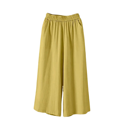 Feamle Casual and Versatile Lazy Style Wide Leg Pants With Pockets Lightweight High Waisted Loose Cropped Capris